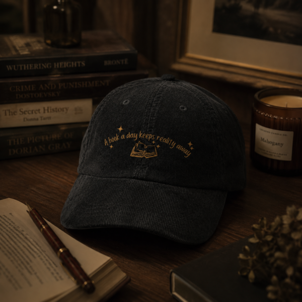 A Book a Day Keeps Reality Away — Black Corduroy Dad Hat | Book Lover Gift