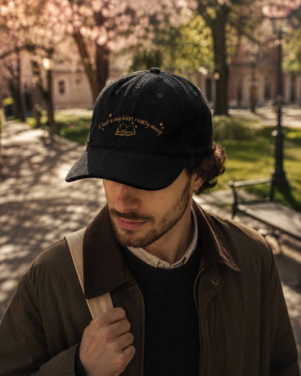 A Book a Day Keeps Reality Away — Black Corduroy Dad Hat | Book Lover Gift