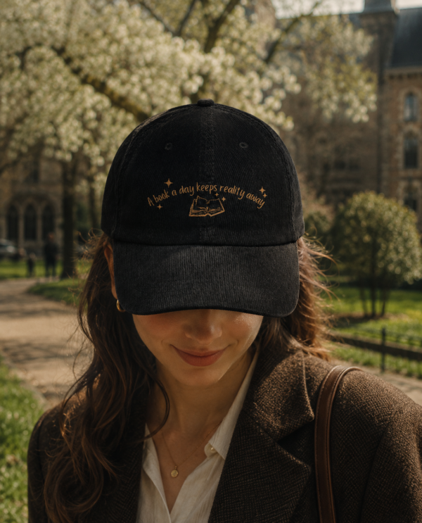 A Book a Day Keeps Reality Away — Black Corduroy Dad Hat | Book Lover Gift
