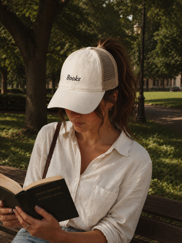 20260520222159-1f1549a5-1425-66d4-8d71-ee3270860f80.png Books Ponytail Trucker Hat | Bookish Embroidered Cap