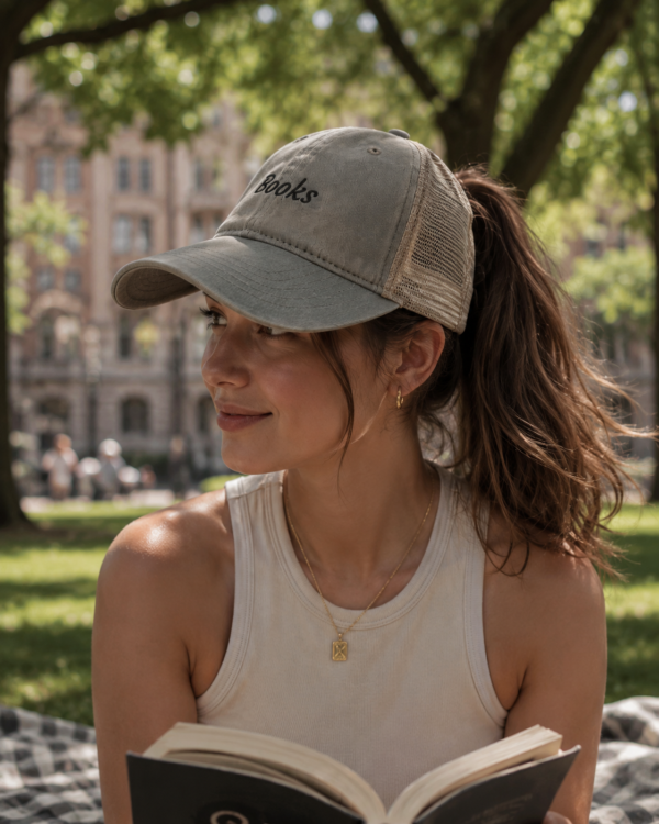 20260520222203-1f1549a5-3ed9-642a-b24b-fab128bf1e9f.png Books Ponytail Trucker Hat | Bookish Embroidered Cap