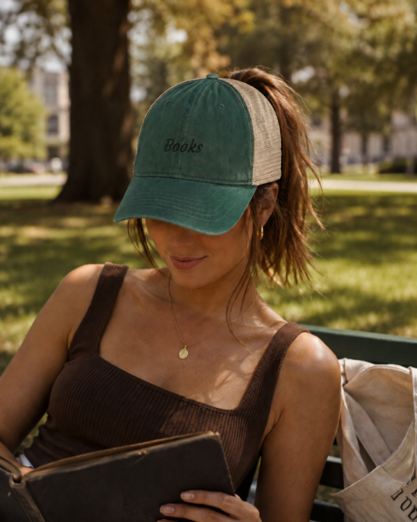 20260520222206-1f1549a5-5b38-6440-93de-6eb810b5ec1d.png Books Ponytail Trucker Hat | Bookish Embroidered Cap