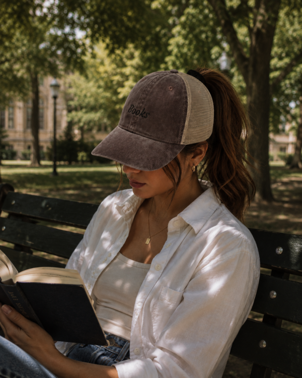 20260520222208-1f1549a5-7148-6ac8-a0b9-6e02f5c3f68a.png Books Ponytail Trucker Hat | Bookish Embroidered Cap