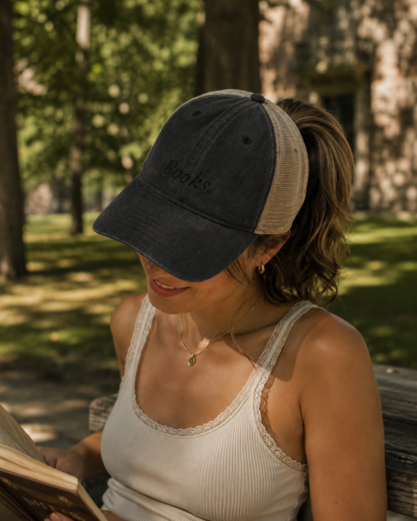 20260520222211-1f1549a5-894d-6ef2-99dc-6e02f5c3f68a.png Books Ponytail Trucker Hat | Bookish Embroidered Cap