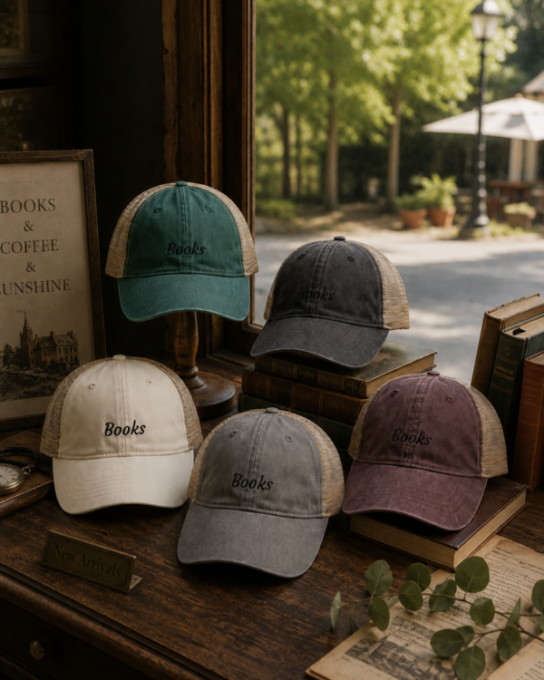 20260520222251-1f1549a7-05d3-6908-885c-ee3270860f80.png Books Ponytail Trucker Hat | Bookish Embroidered Cap