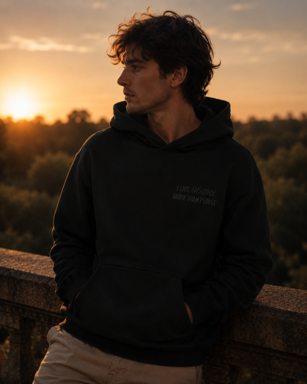 Monochromatic Embroidered Black Hoodie — "I LIKE BOOKS MORE THAN PEOPLE"